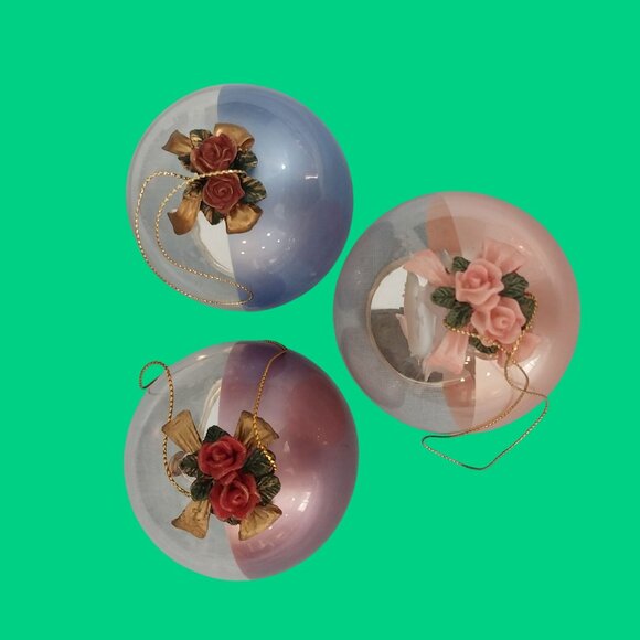 Vintage Christmas Set Of 3 Glass Globe Ornament Angel Reindeer Dolphin - Picture 6 of 8